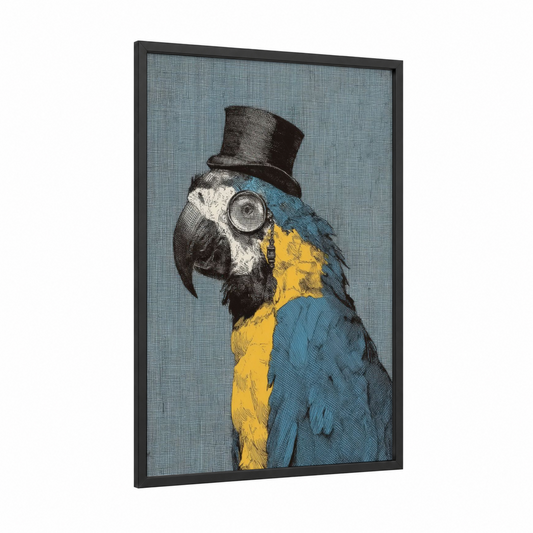 Monocle Macaw framed art print — black wood frame — blue and yellow and black and white palette