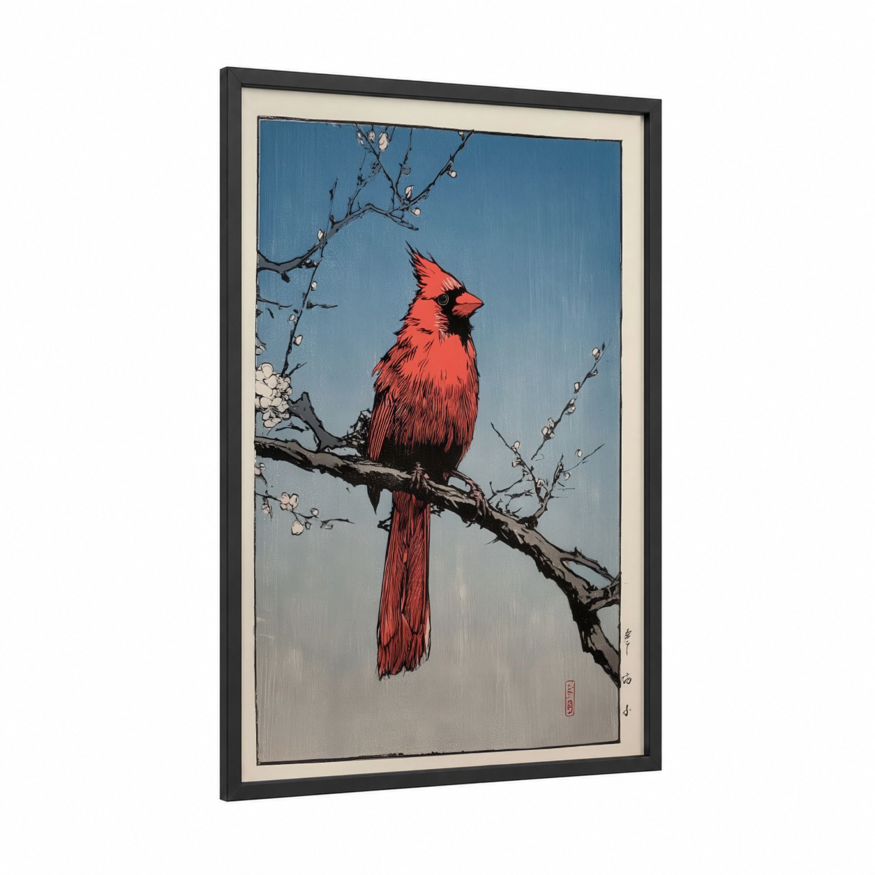 Winter Cardinal framed art print — black wood frame — blue and red palette