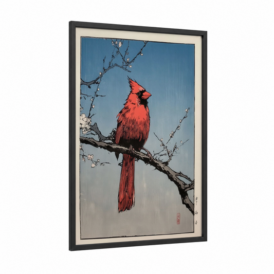 Winter Cardinal framed art print — black wood frame — blue and red palette