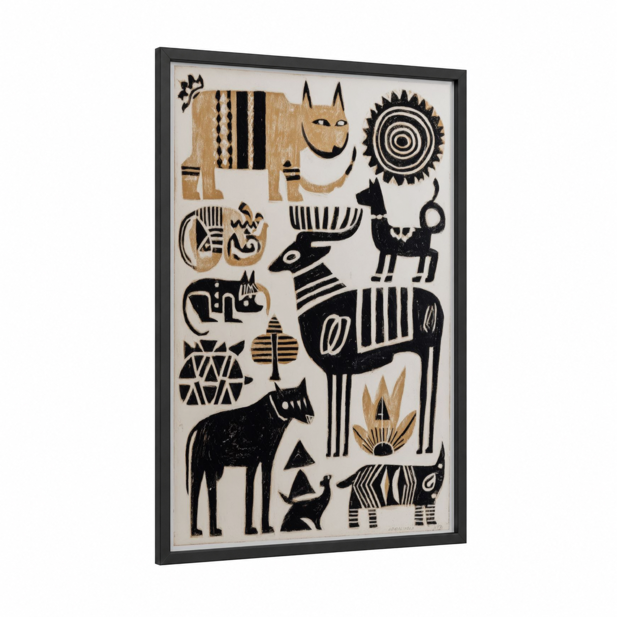 African Animals Composition framed abstract traditional print — black wood frame — black and cream palette