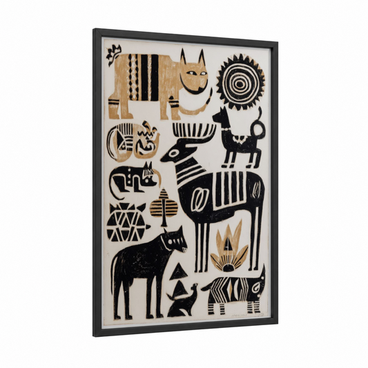 African Animals Composition framed abstract traditional print — black wood frame — black and cream palette