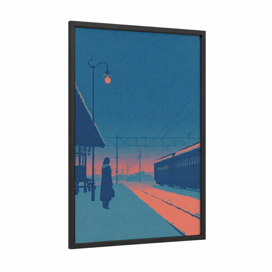 Solitary Station framed women's fashion print — black wood frame — blue and orange palette