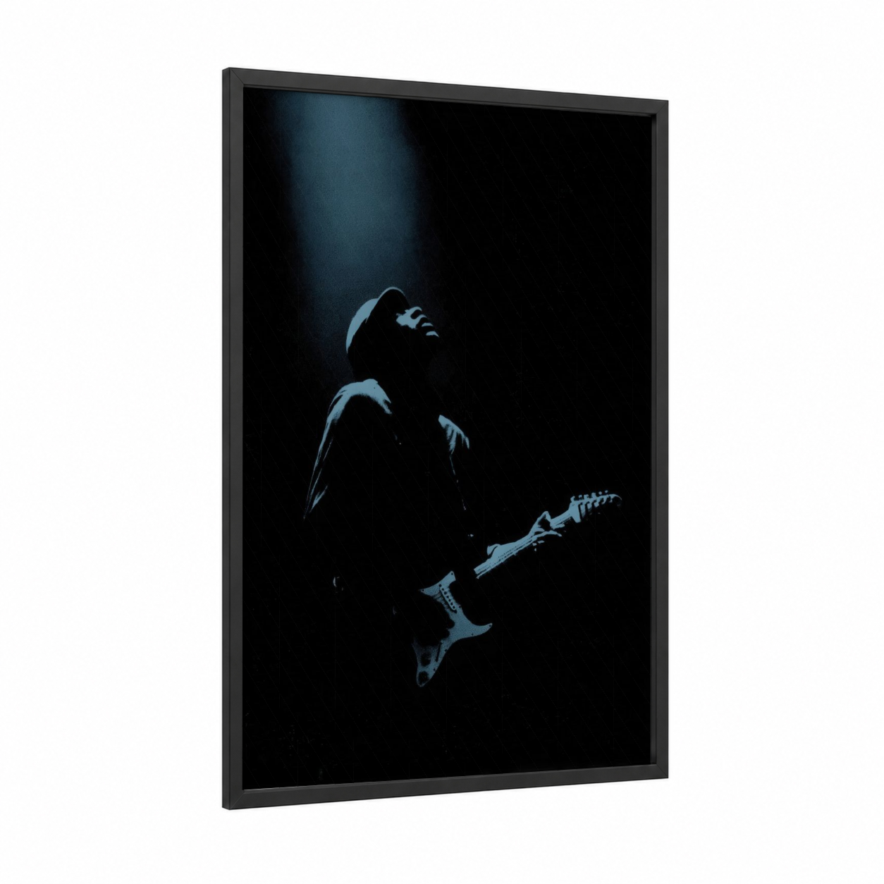 Blues Guitarist framed art print — black wood frame — blue and black palette