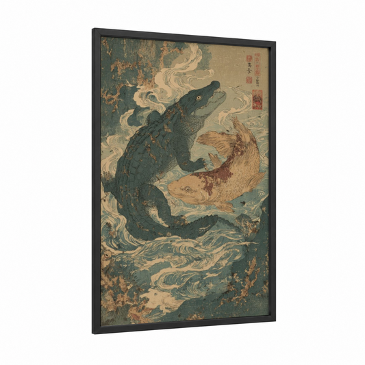 Mythical Alligator Dance framed art print — black wood frame — teal and gold palette