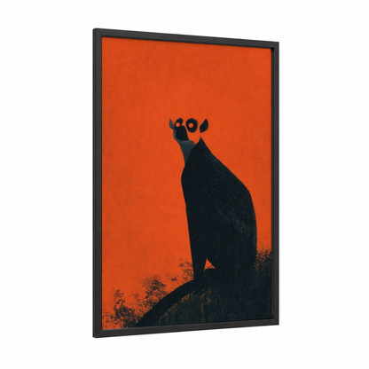Silhouette Lemur framed art print — black wood frame — orange and black palette