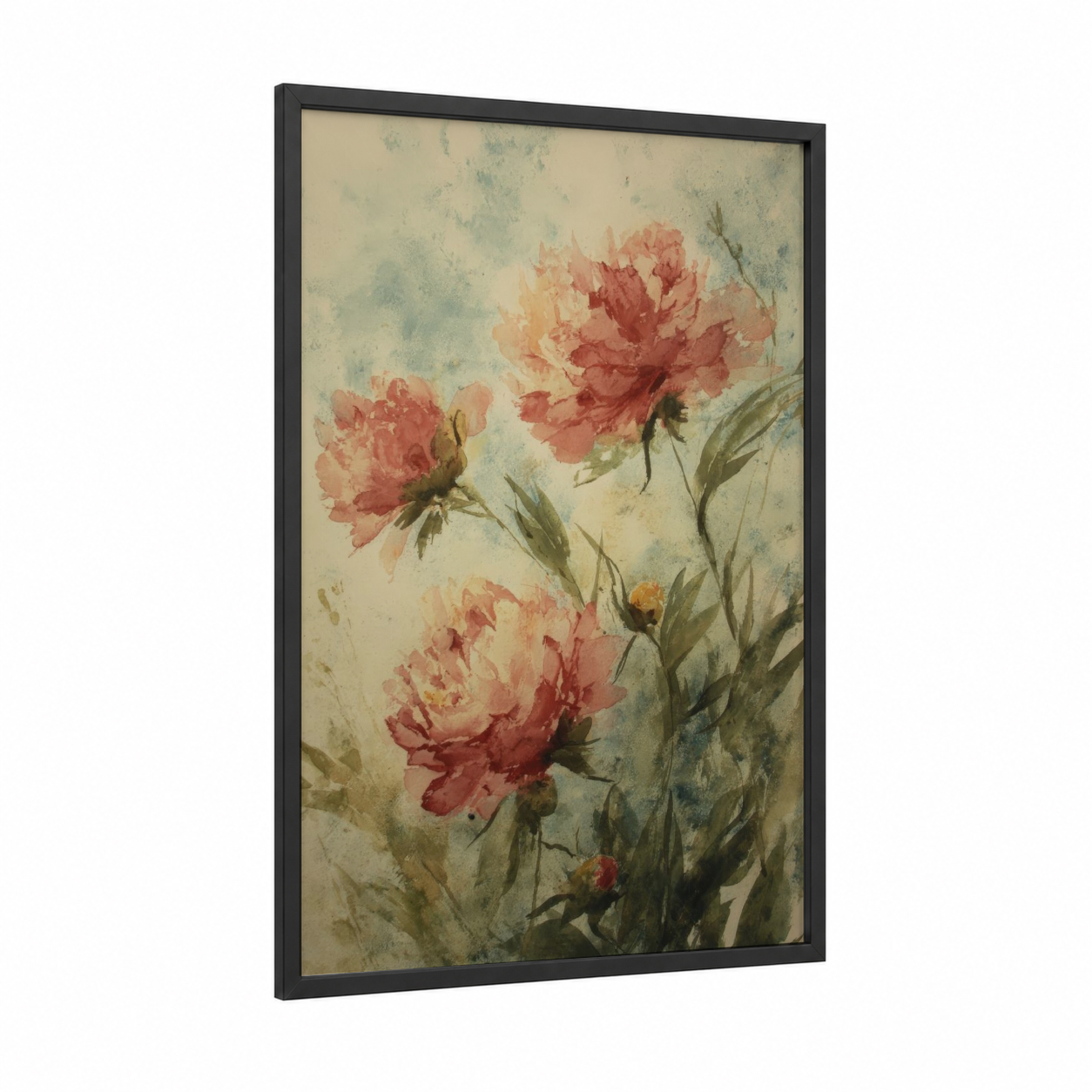 Romantic Peonies framed peony print — black wood frame — salmon pink and sage green palette