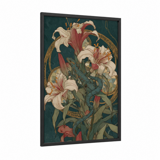 Blooming Lizard framed art print — black wood frame — teal and cream palette