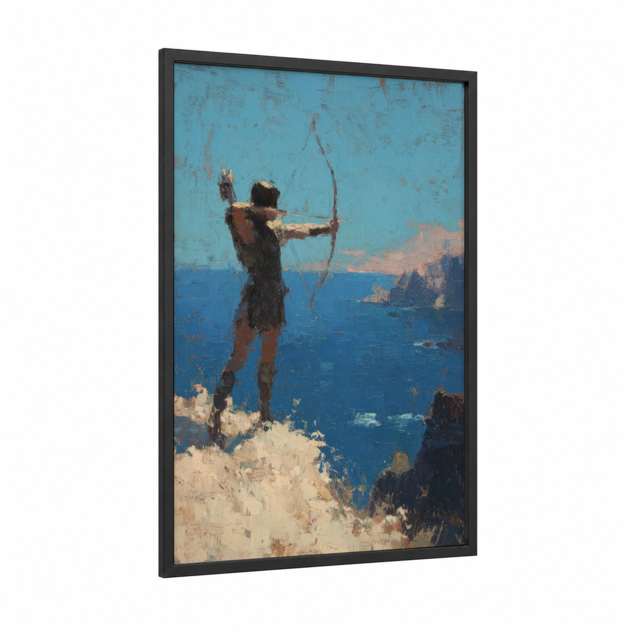 Coastal Archer framed archery print — black wood frame — blue and gold palette