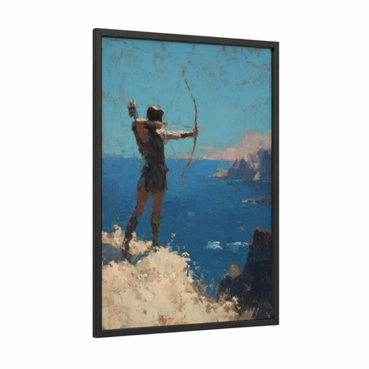 Coastal Archer framed archery print — black wood frame — blue and gold palette