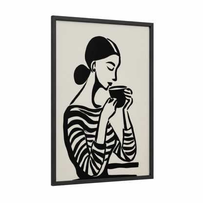 Coffee Moment framed art print — black wood frame — black and white palette