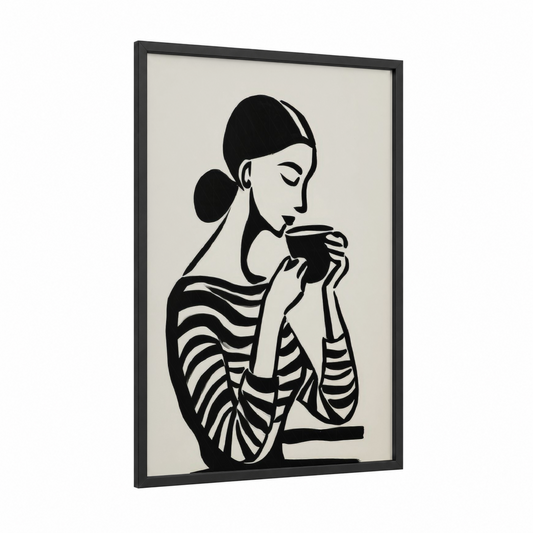 Coffee Moment framed art print — black wood frame — black and white palette