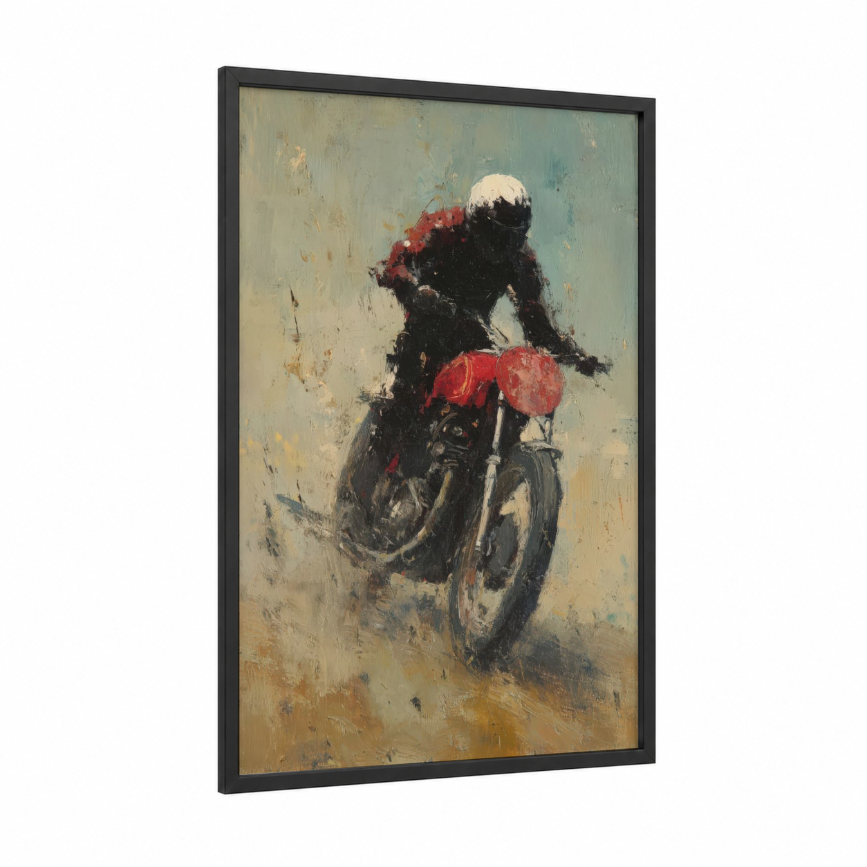 Snowy Rider framed vintage motorcycle print — black wood frame — sage green and cream palette
