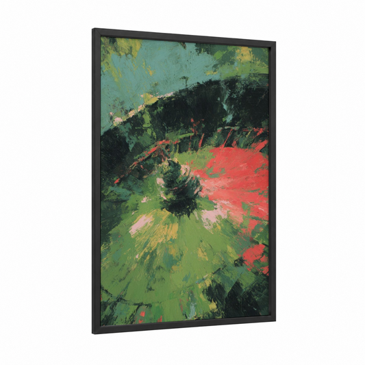Crimson Roulette framed art print — black wood frame — red and true green palette
