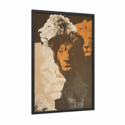 Majestic Lion Triptych framed art print — black wood frame — orange and cream palette