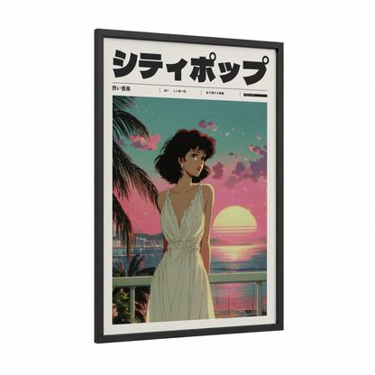 Sunset Reverie framed anime and manga print — black wood frame — magenta and teal palette