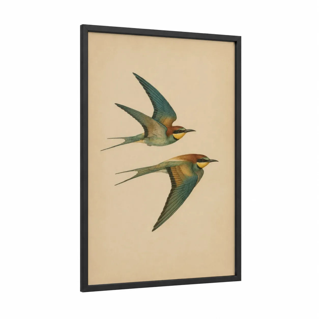Vintage Songbird Flight Wall Art framed birds print — black wood frame — beige and teal palette