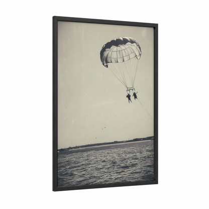 Coastal Parasailing framed art print — black wood frame — black and white and gray palette
