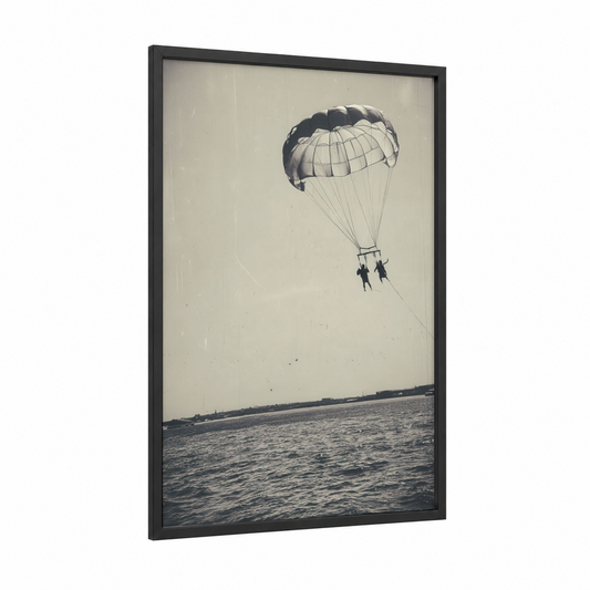 Coastal Parasailing framed art print — black wood frame — black and white and gray palette