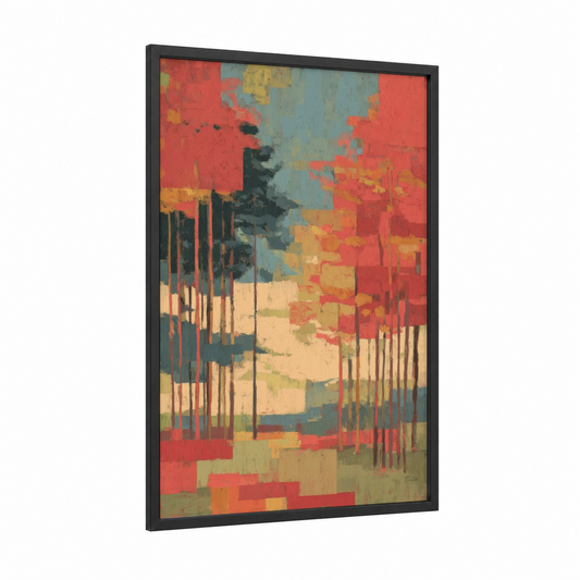Autumn Maple Forest framed art print — black wood frame — red and gold palette