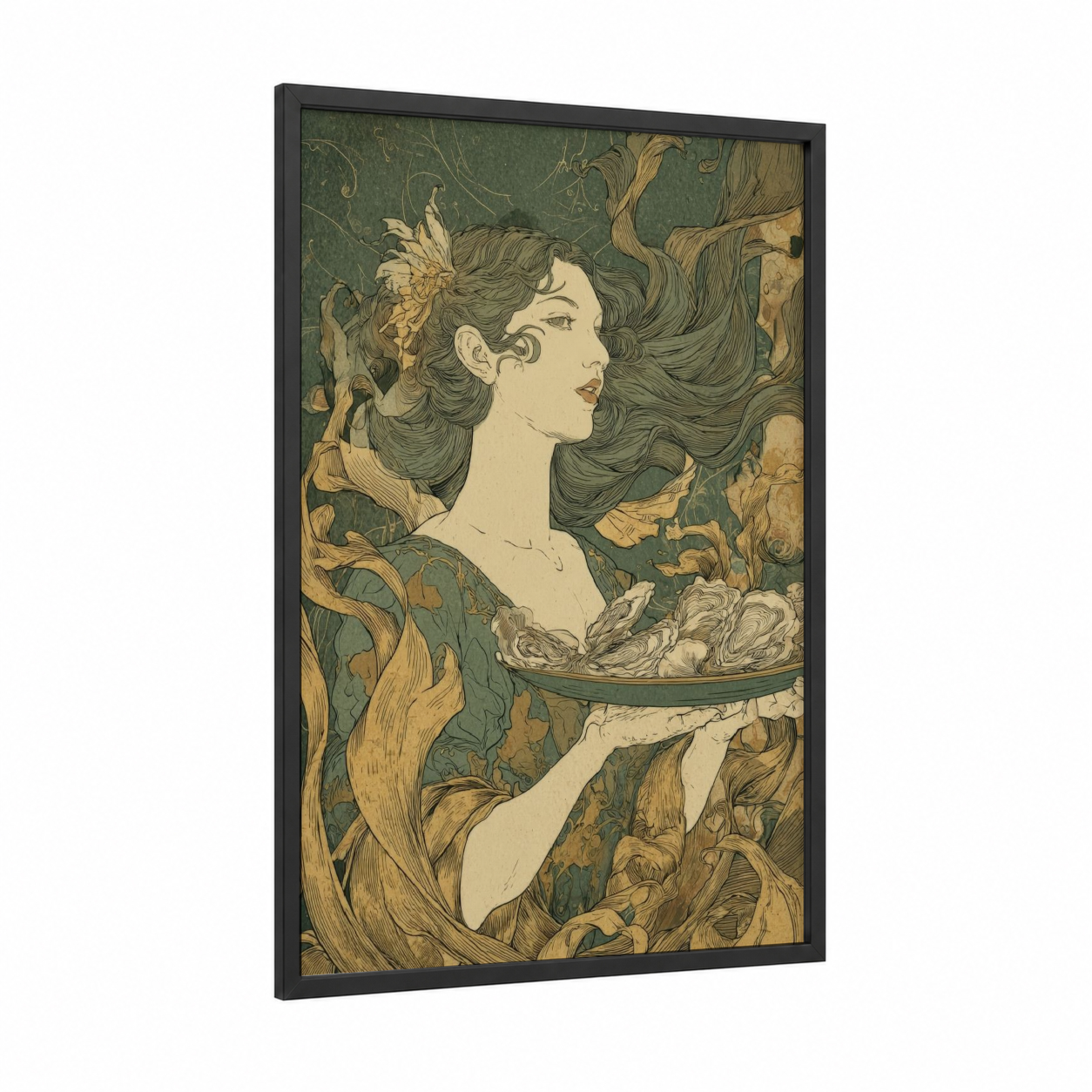 Emerald Elegance Woman framed seafood print — black wood frame — teal and gold palette
