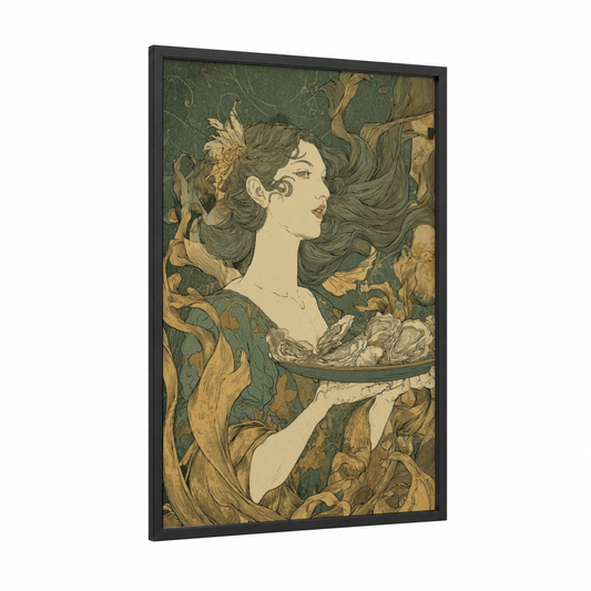 Emerald Elegance Woman framed seafood print — black wood frame — teal and gold palette