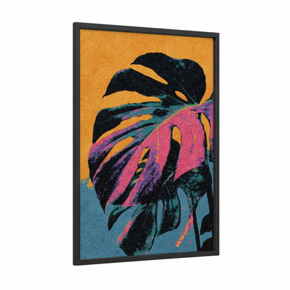 Neon Tropical Leaves framed tropical trees print — black wood frame — gold and magenta palette