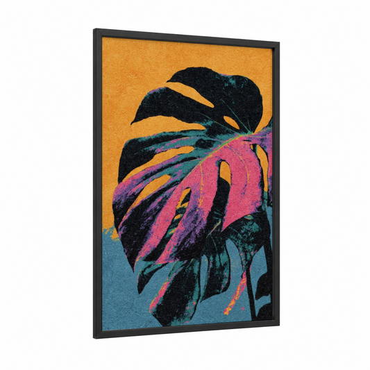 Neon Tropical Leaves framed tropical trees print — black wood frame — gold and magenta palette