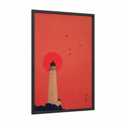 Crimson Lighthouse Sunset framed art print — black wood frame — red and black and white palette