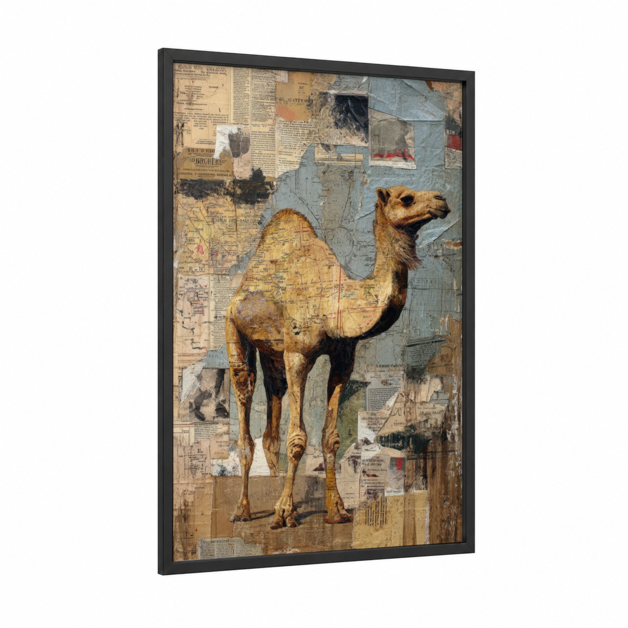 Desert Camel framed art print — black wood frame — gold and beige palette