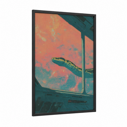 Golden Python framed art print — black wood frame — salmon pink and teal palette