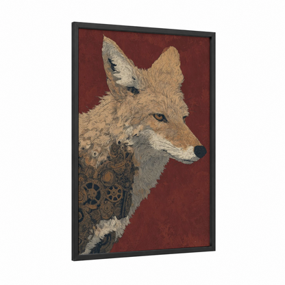 Steampunk Coyote framed art print — black wood frame — maroon and gold palette