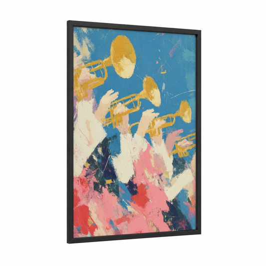 Festive Trumpet Celebration framed mardi gras print — black wood frame — blue and pink palette