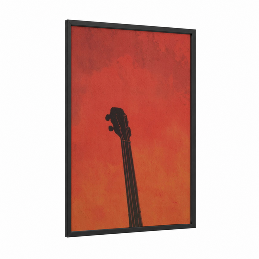 Crimson Banjo Silhouette framed art print — black wood frame — red and orange palette