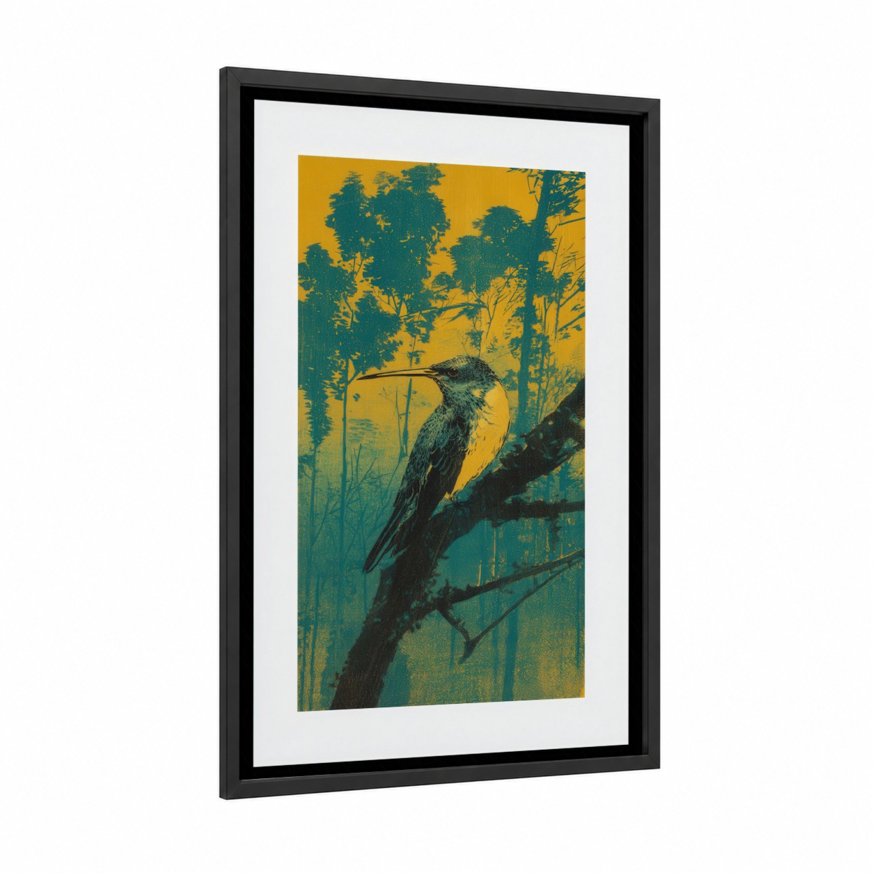 Forest Hummingbird framed art print — black wood frame — gold and teal palette