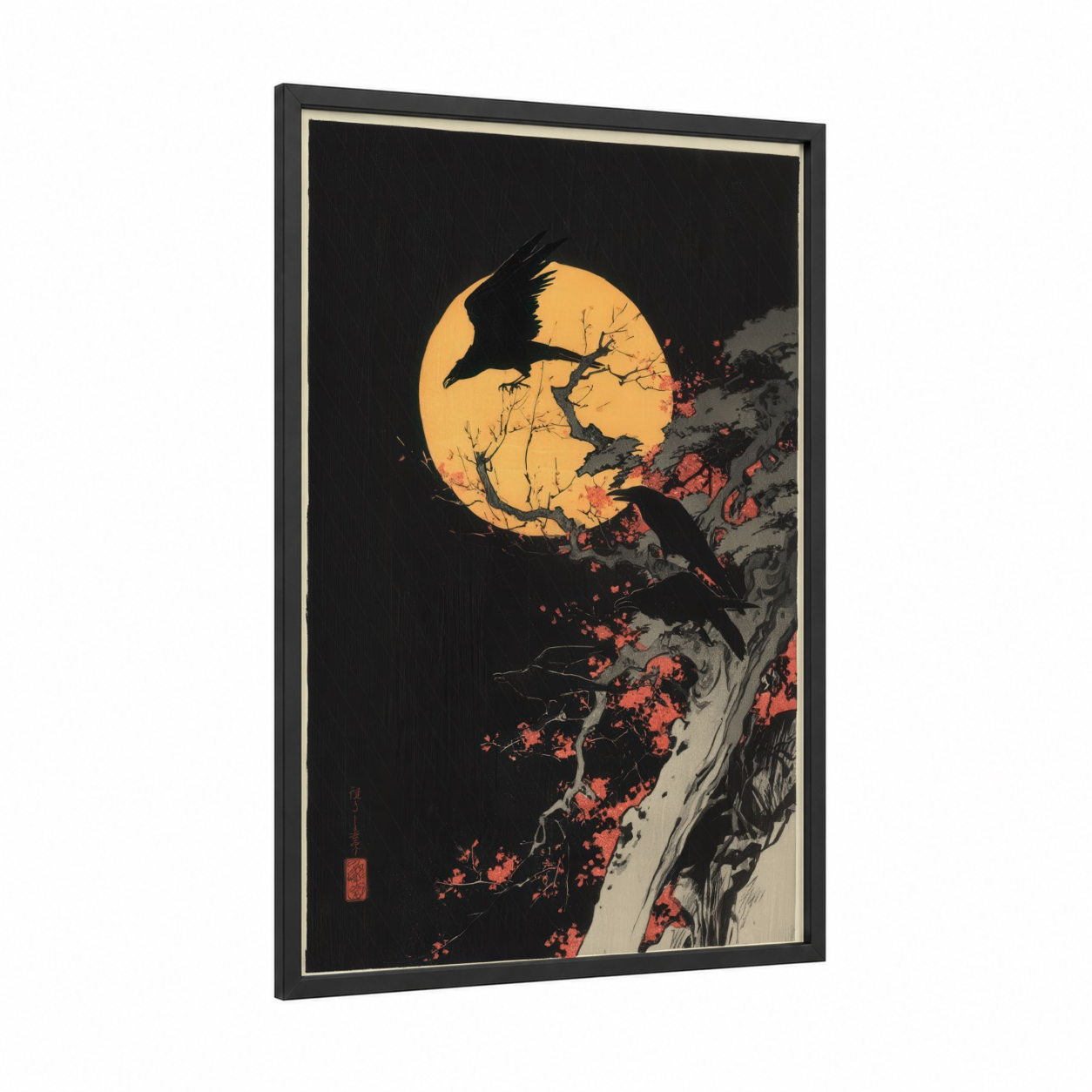 Midnight Crows framed crows and ravens print — black wood frame — black and gold and gray palette
