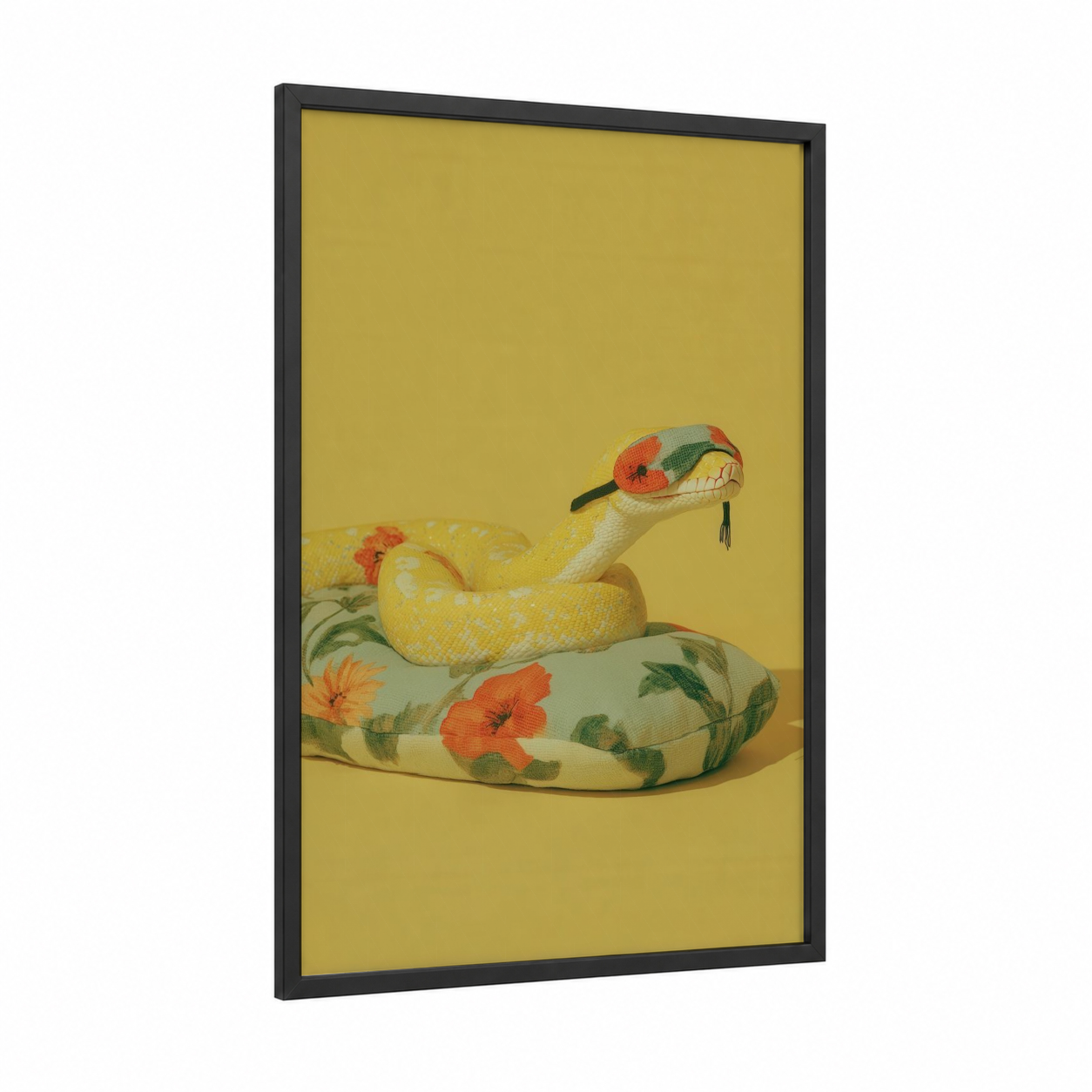 Golden Blossom Boa framed boa constrictor print — black wood frame — yellow gold and orange palette