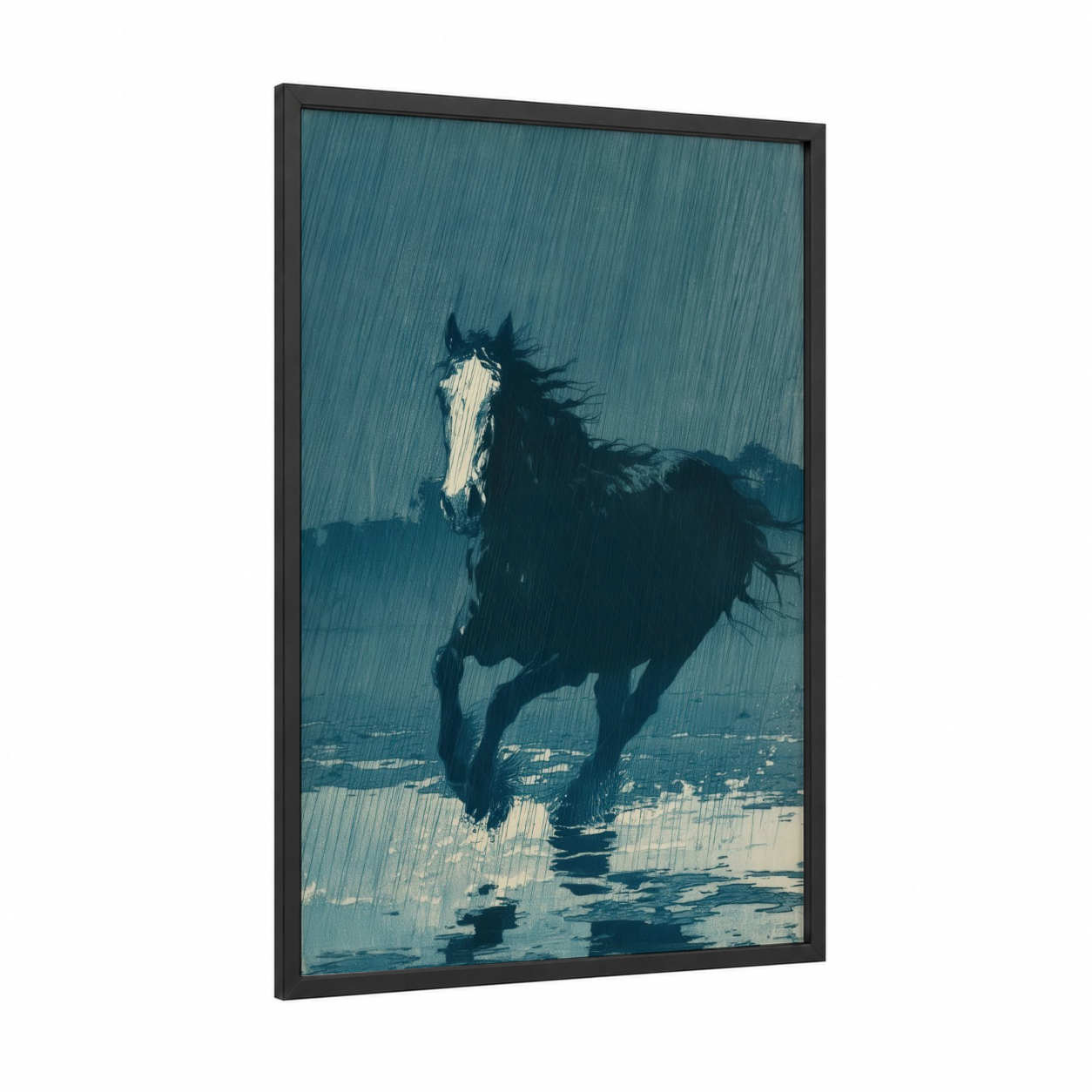 Stormy Clydesdale framed clydesdale horse print — black wood frame — blue and white and black and white palette