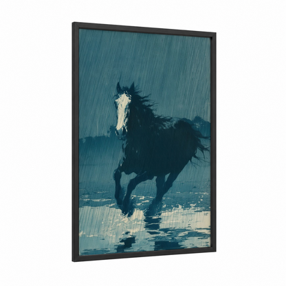 Stormy Clydesdale framed clydesdale horse print — black wood frame — blue and white and black and white palette