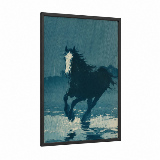 Stormy Clydesdale framed clydesdale horse print — black wood frame — blue and white and black and white palette