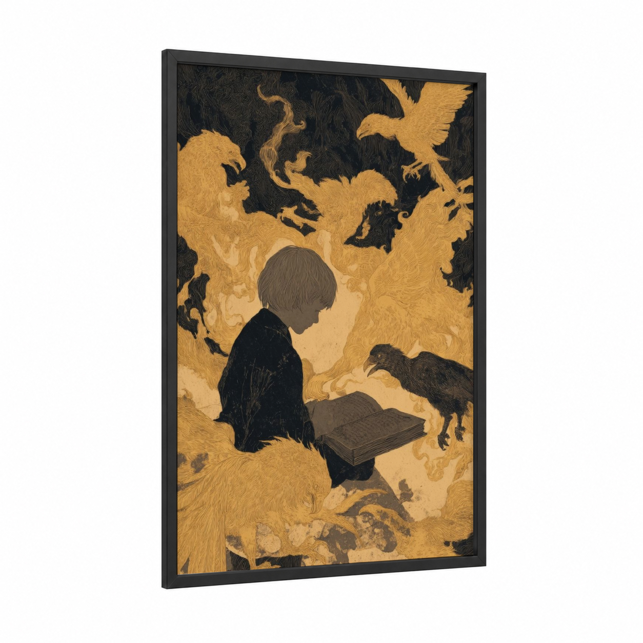 Young Dreamer Fantasy framed kids magic and fantasy print — black wood frame — gold and black palette