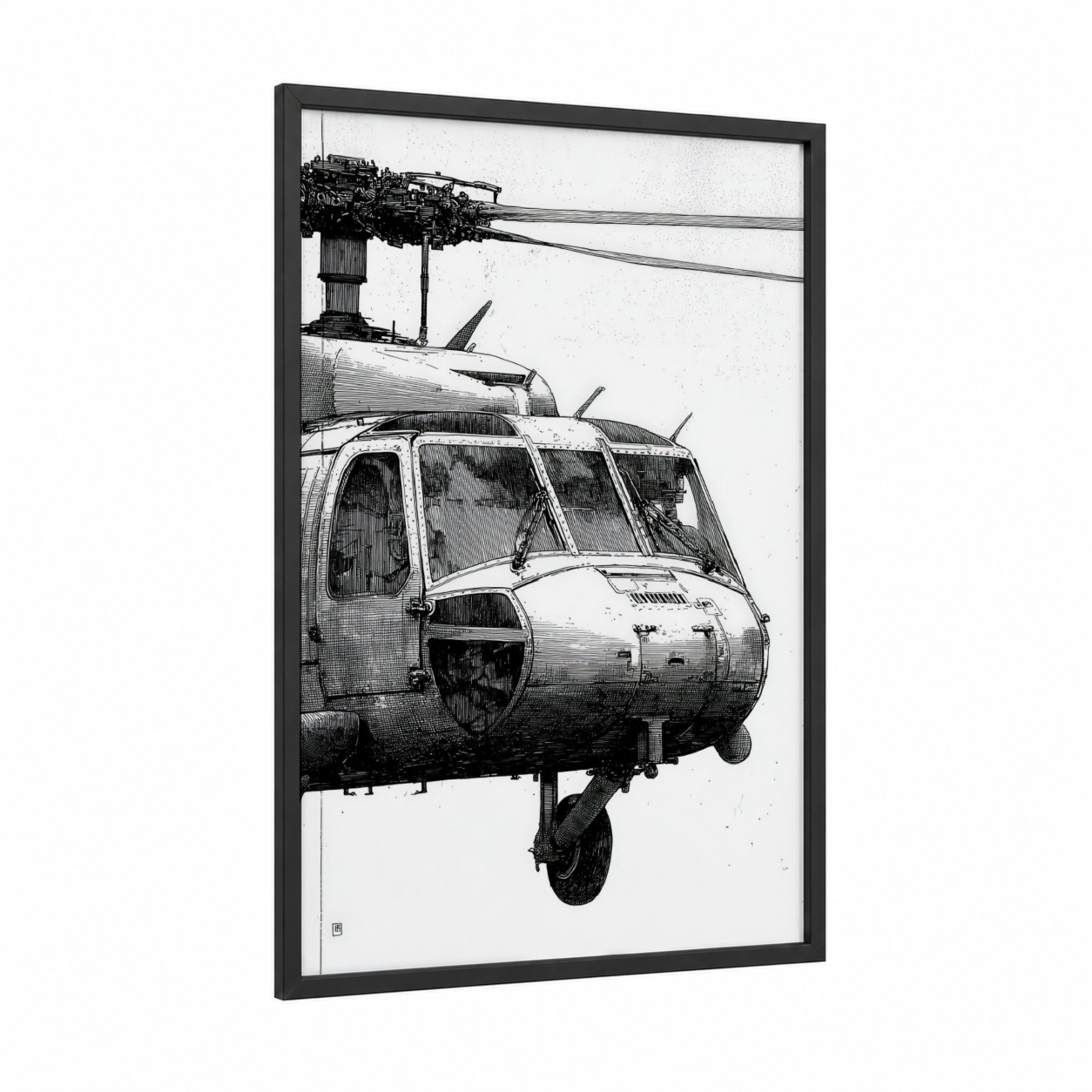 Military Helicopter Blueprint framed art print — black wood frame — black and white palette