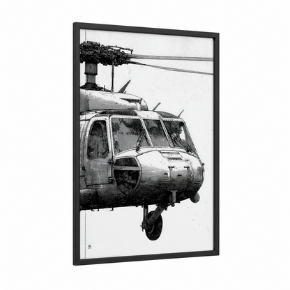 Military Helicopter Blueprint framed art print — black wood frame — black and white palette
