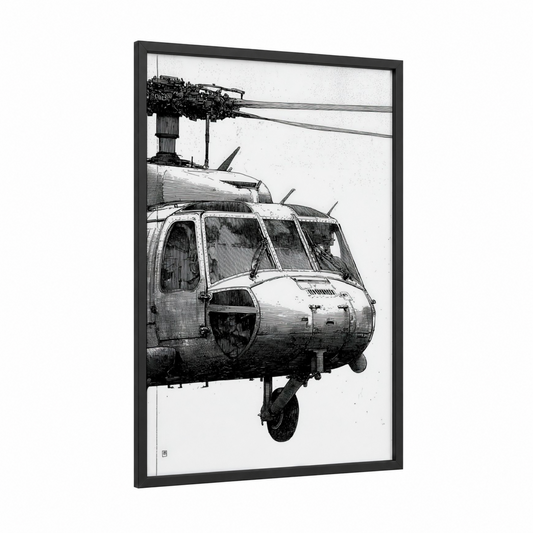 Military Helicopter Blueprint framed art print — black wood frame — black and white palette
