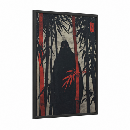 Bamboo Ghost framed art print — black wood frame — black and red palette