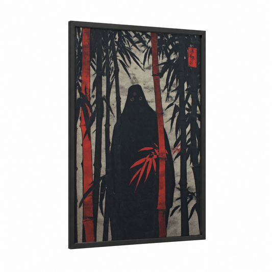 Bamboo Ghost framed art print — black wood frame — black and red palette