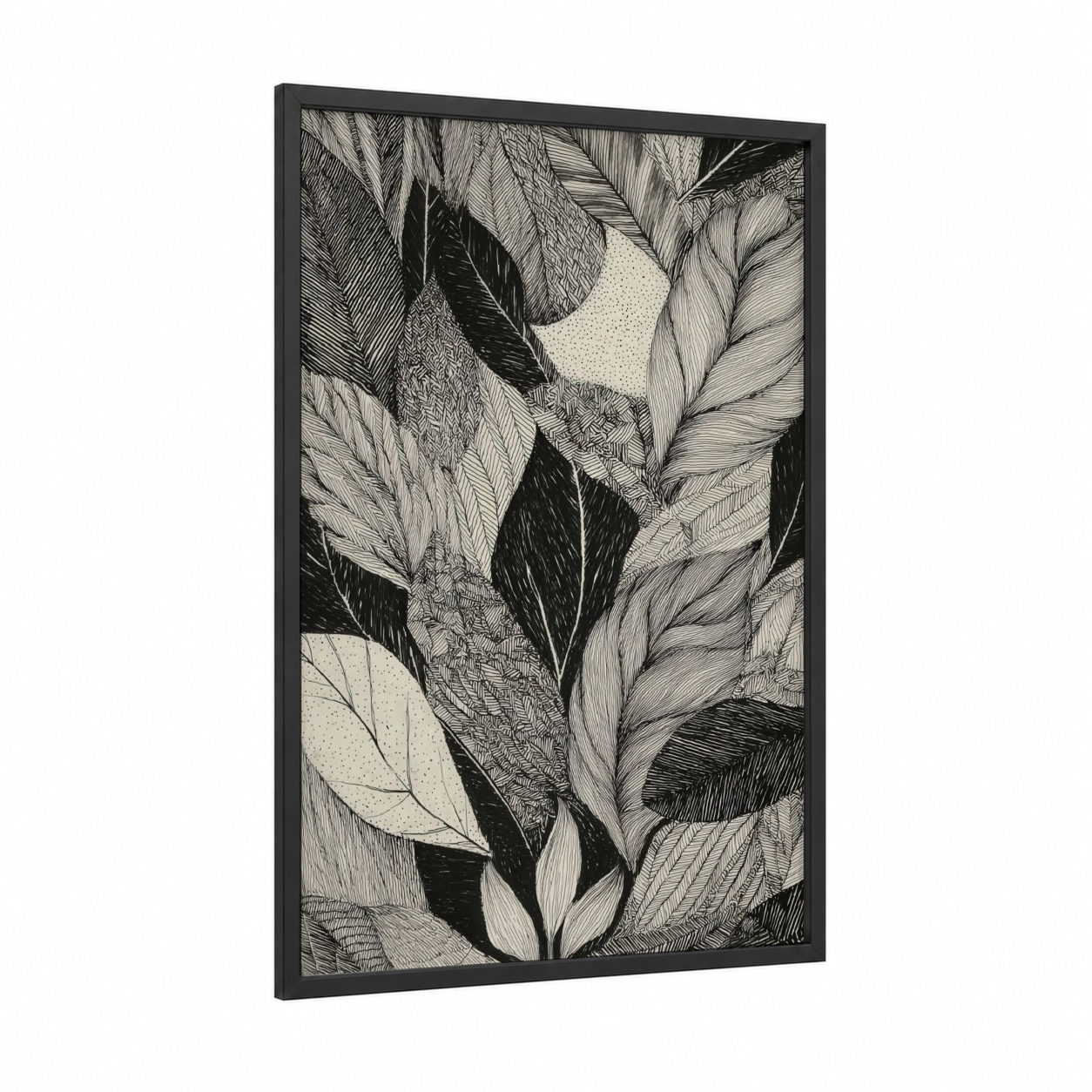 Abstract Leaf Study framed art print — black wood frame — black and white palette