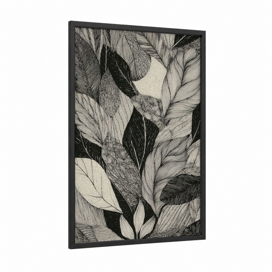 Abstract Leaf Study framed art print — black wood frame — black and white palette