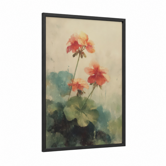Coral Geranium framed art print — black wood frame — peach and sage green palette