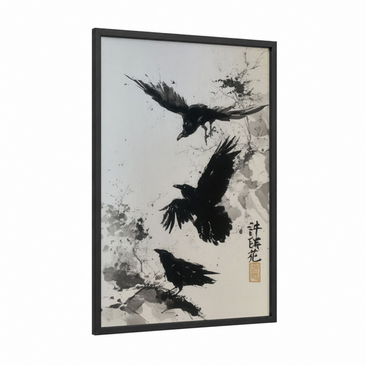Dancing Crows framed crows and ravens print — black wood frame — black and white and gray palette