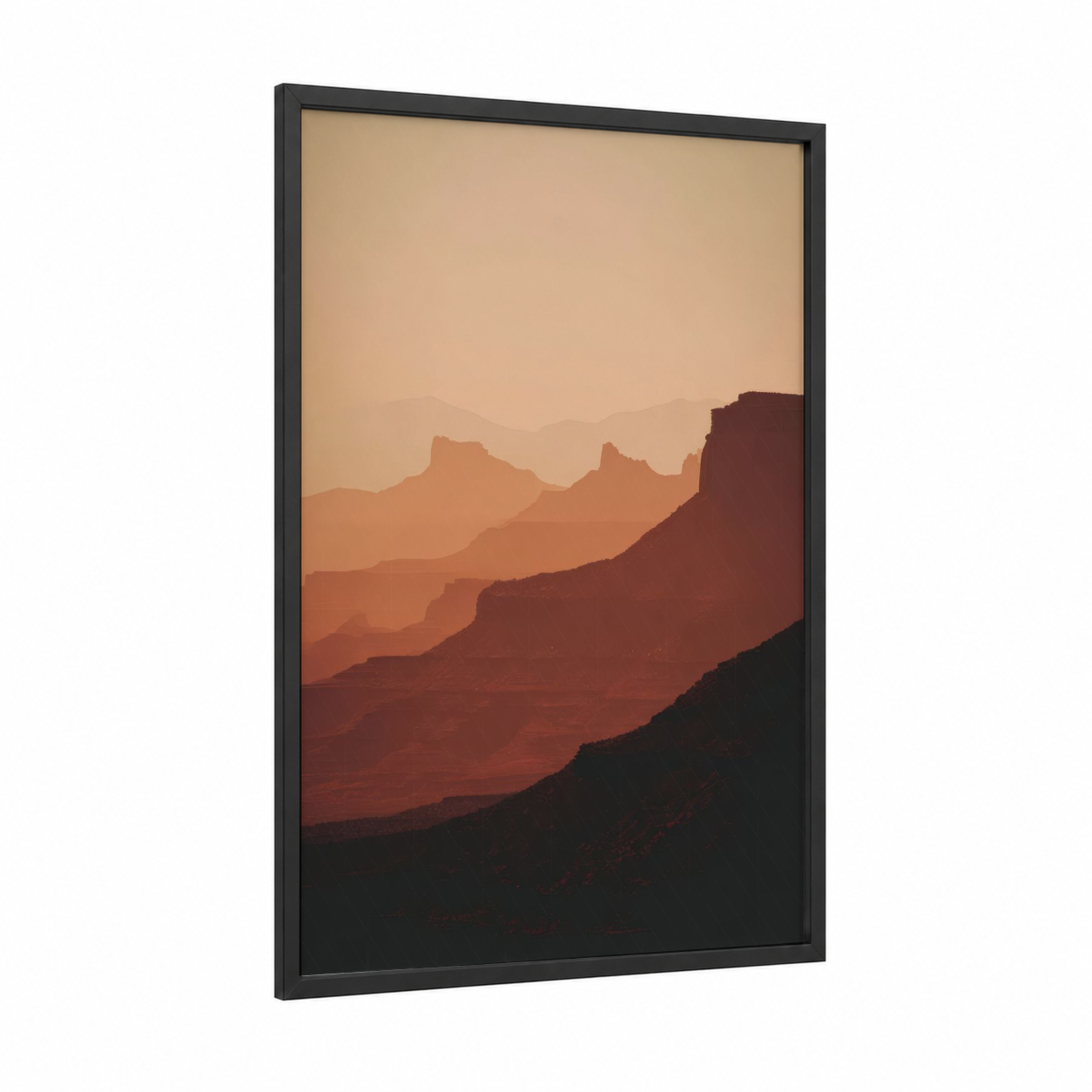 Desert Canyon Sunset framed art print — black wood frame — russet and gold palette